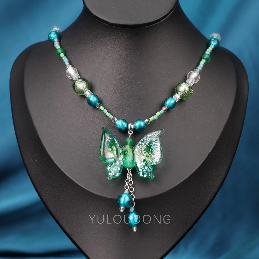 合金项链 XL513 蓝绿色蝴蝶琉璃项链