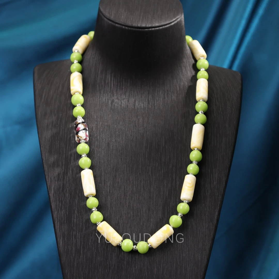 合金项链 XL385 绿色黄色桶珠琉璃项链52cm
