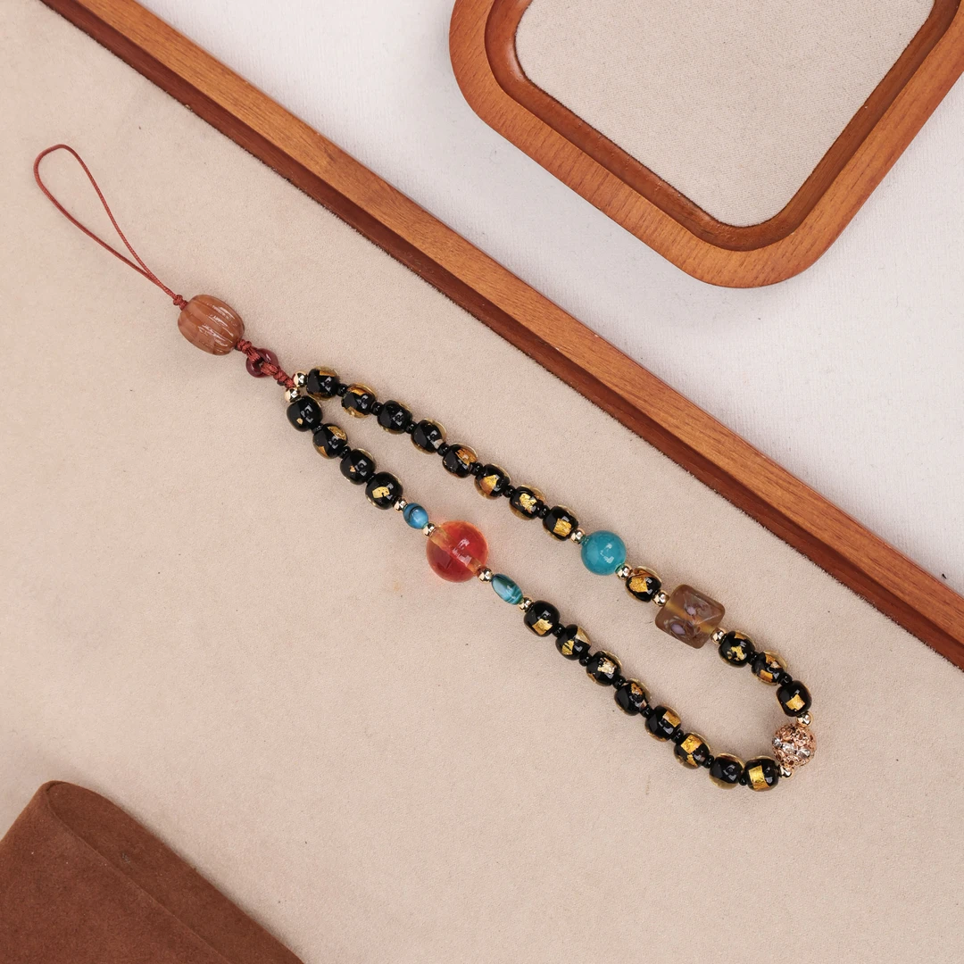 LZ1776 黑色觉沃珠银箔琉璃手机链