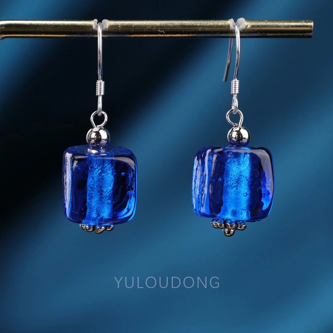 合金耳饰 ES203 蓝色小方块银箔耳环气质时尚卡1.2