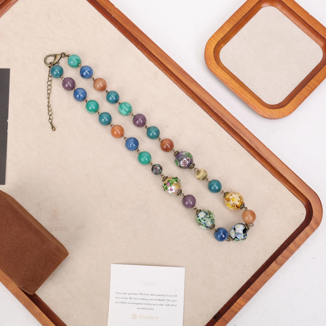 合金项链 LZ1629 黑色梵高花团锦簇名料老料琉璃项链47cm