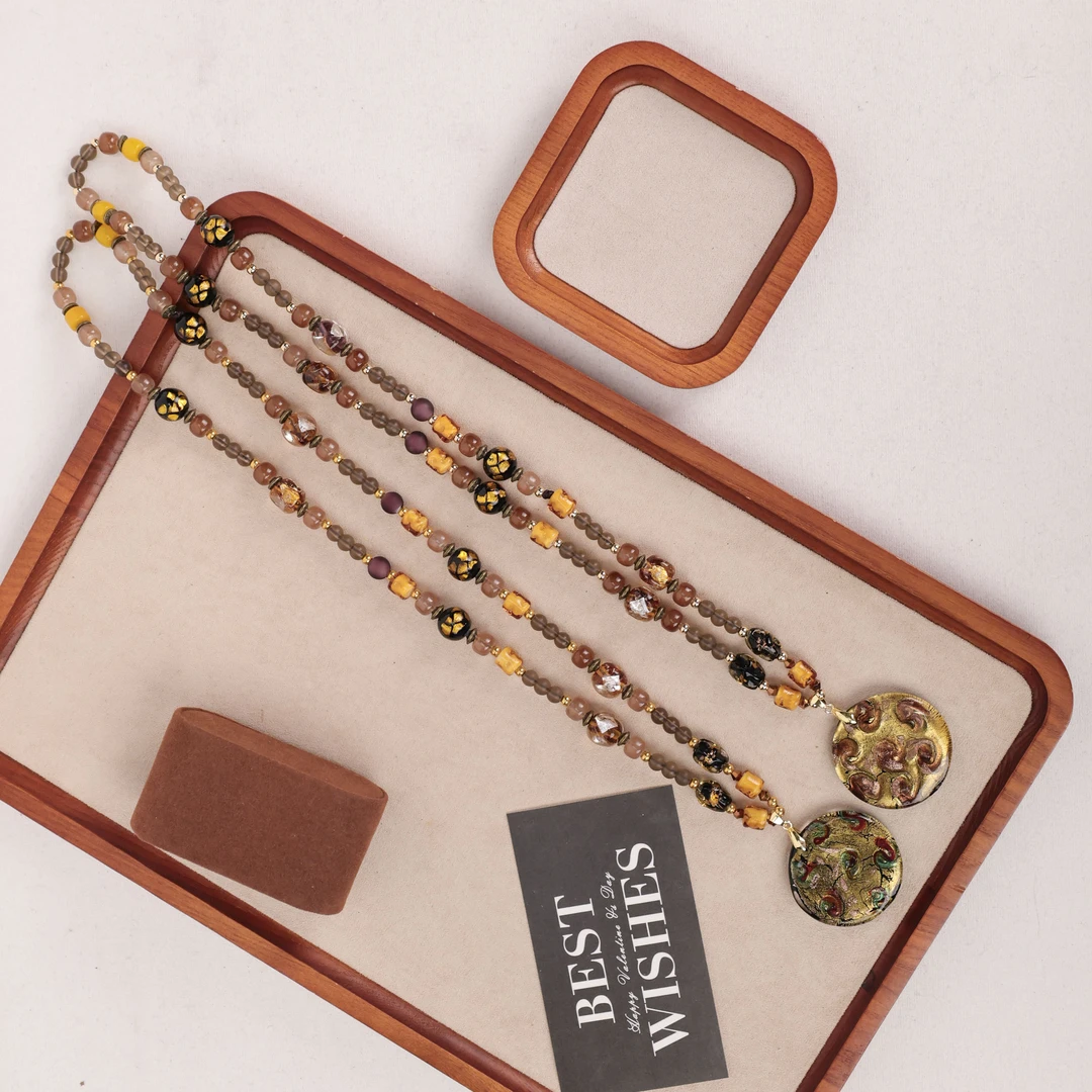 合金项链 XB052 咖色银箔圆牌琉璃项链 颜色随机