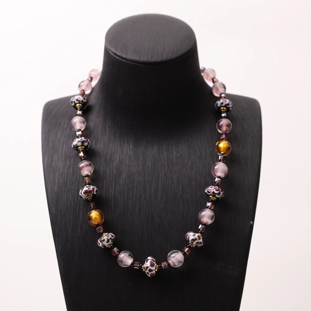 合金项链 LZ0863 紫色搅料紫色小花转转筒黄色银箔琉璃项链47cm