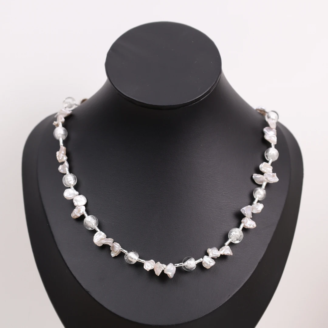 合金项链 LZ1266 花瓣珠珠白色银箔项链42cm