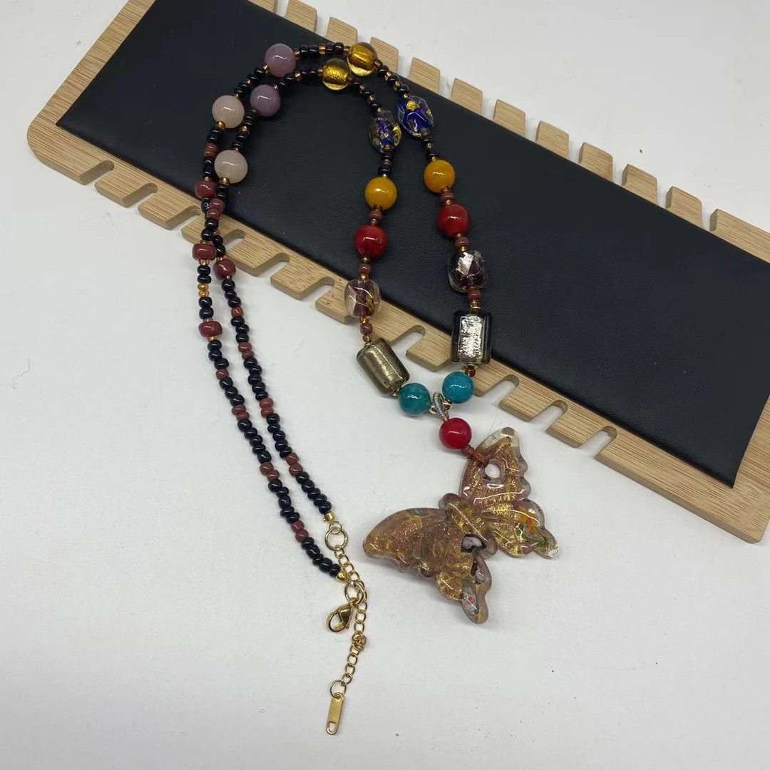 合金项链 LZ2220 咖色银箔万花紫色底琉璃项链