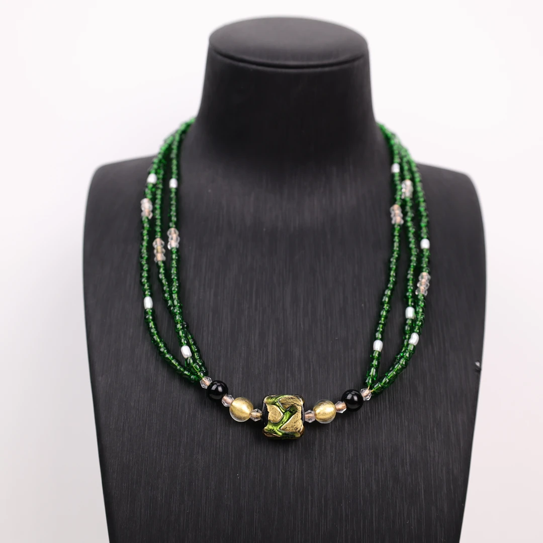 合金项链 LZ1300 深蓝色三层绿色金箔方块台湾老师琉璃项链