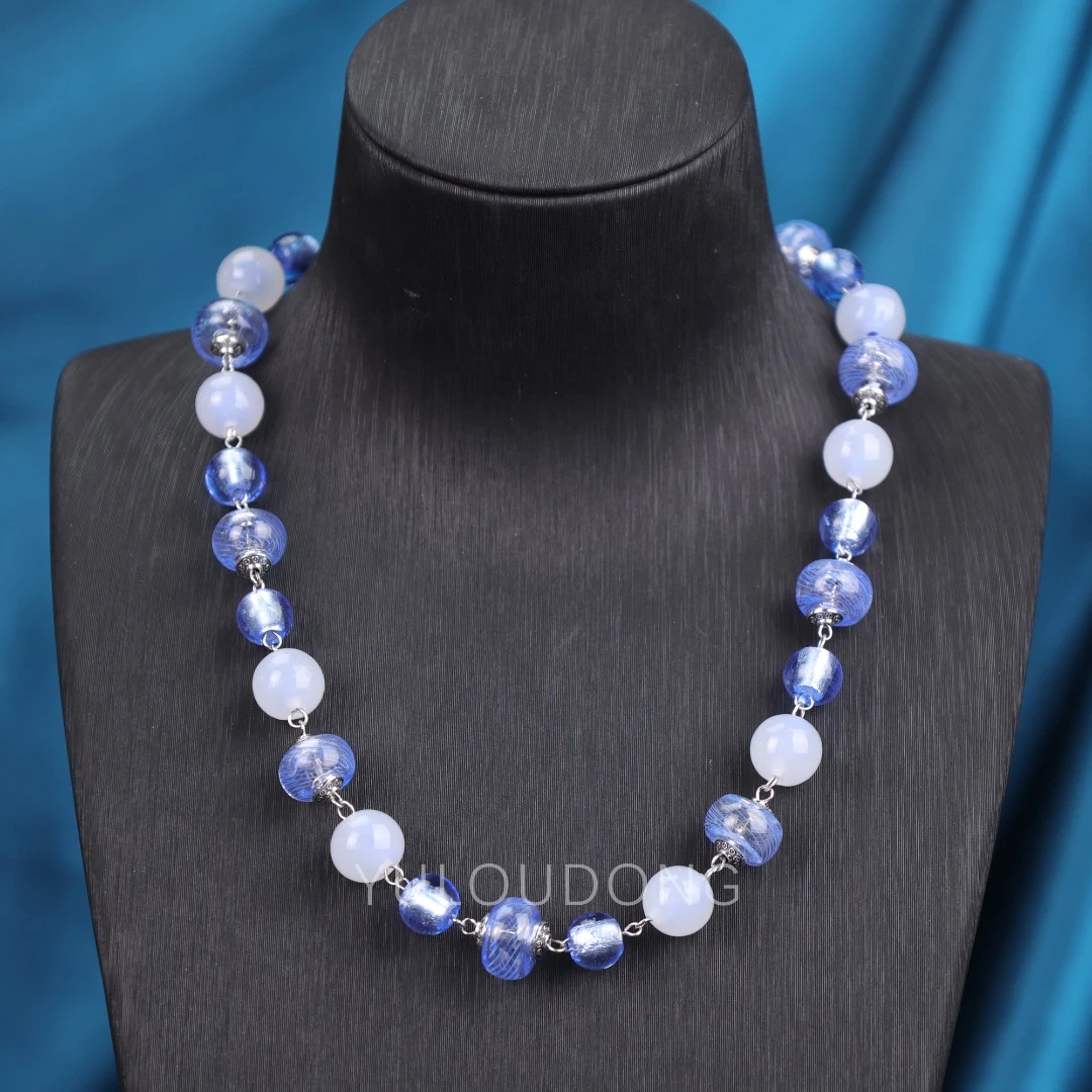 合金项链 XL800 蓝色套料空心转转筒银箔琉璃项链