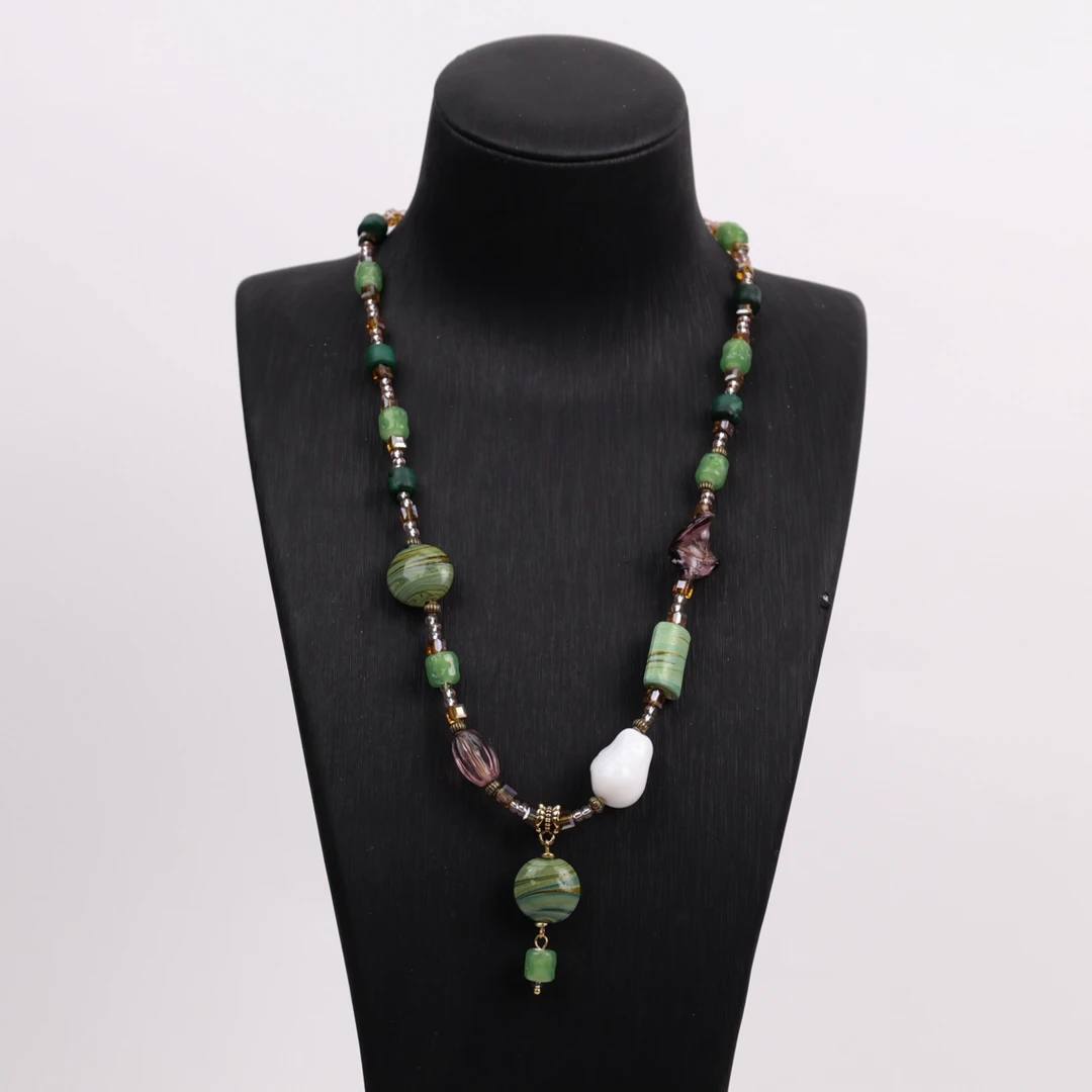 合金项链 LZ1323 绿色扁珠磨砂琉璃项链51cm