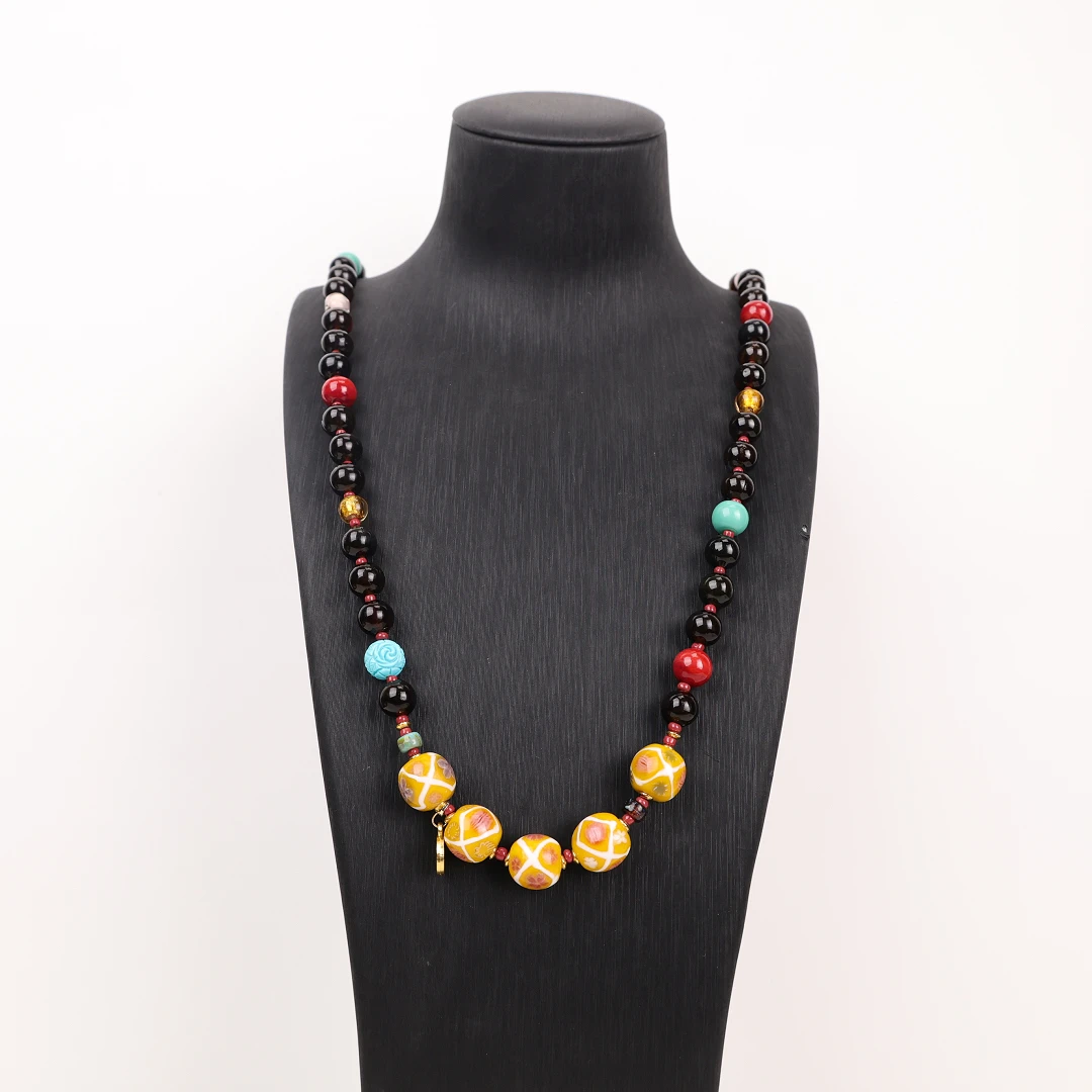 合金项链 LZ2065 黄色条纹松松红色料纹深咖色琉璃项链