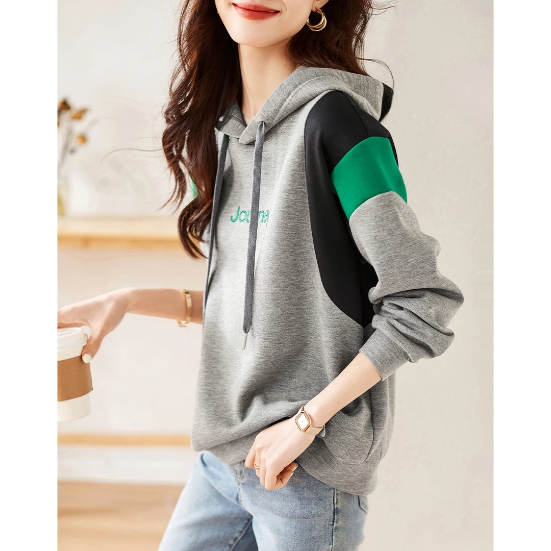 YE#【售馨】字母刺绣百搭卫衣女秋新款拼接连帽休闲宽松柔软JD150