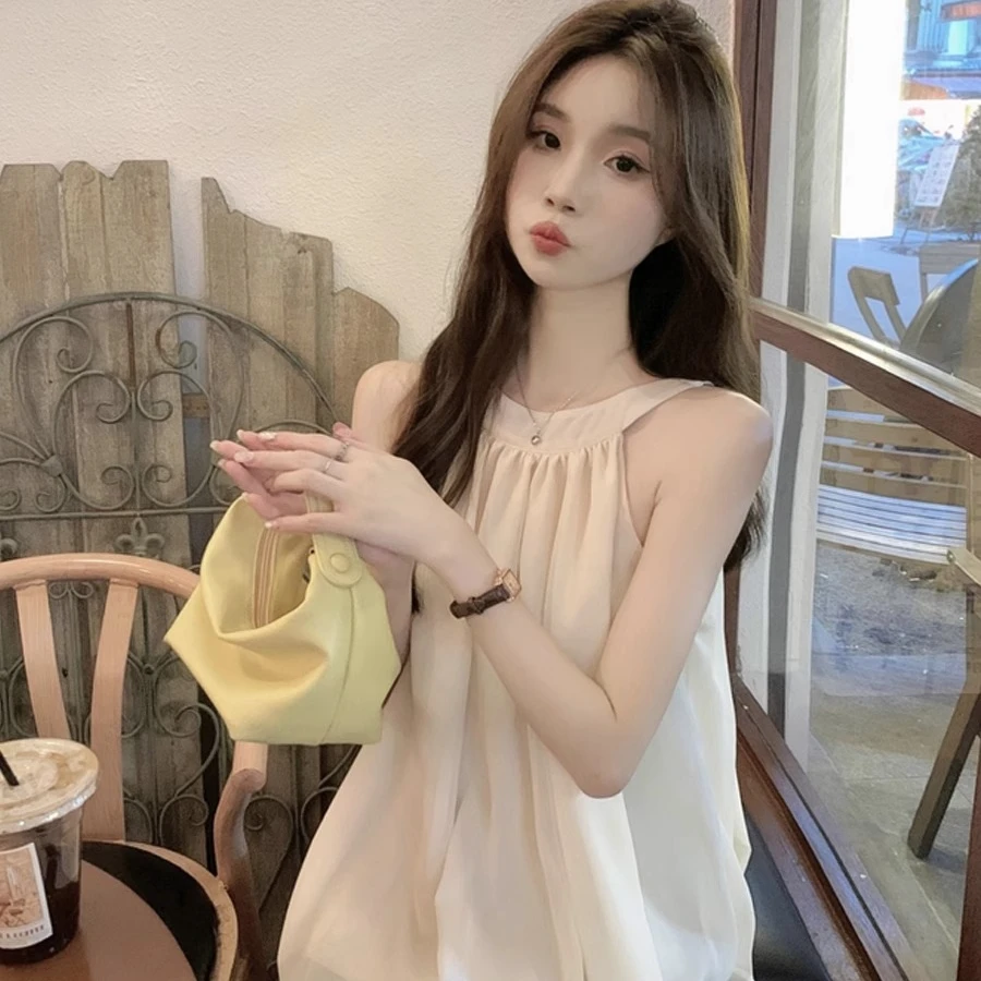 法式绝美别致无袖上衣夏季女设计感小众纯欲风吊带挂脖娃娃雪纺衫