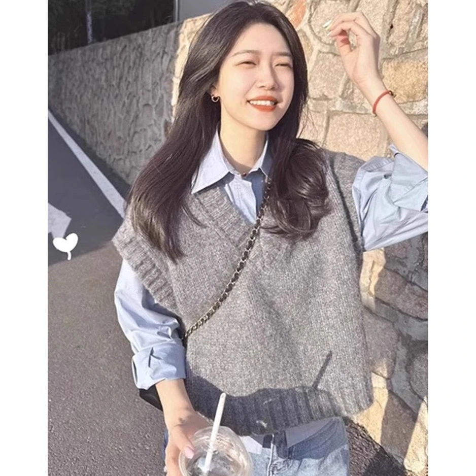 小香风灰色无袖背心针织马甲女春秋秋季外搭毛衣叠穿衬衫坎肩马夹