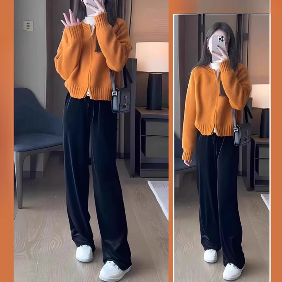 高级感开衫毛衣套装女早秋季宽松显瘦小个子时尚阔腿裤休闲两件套