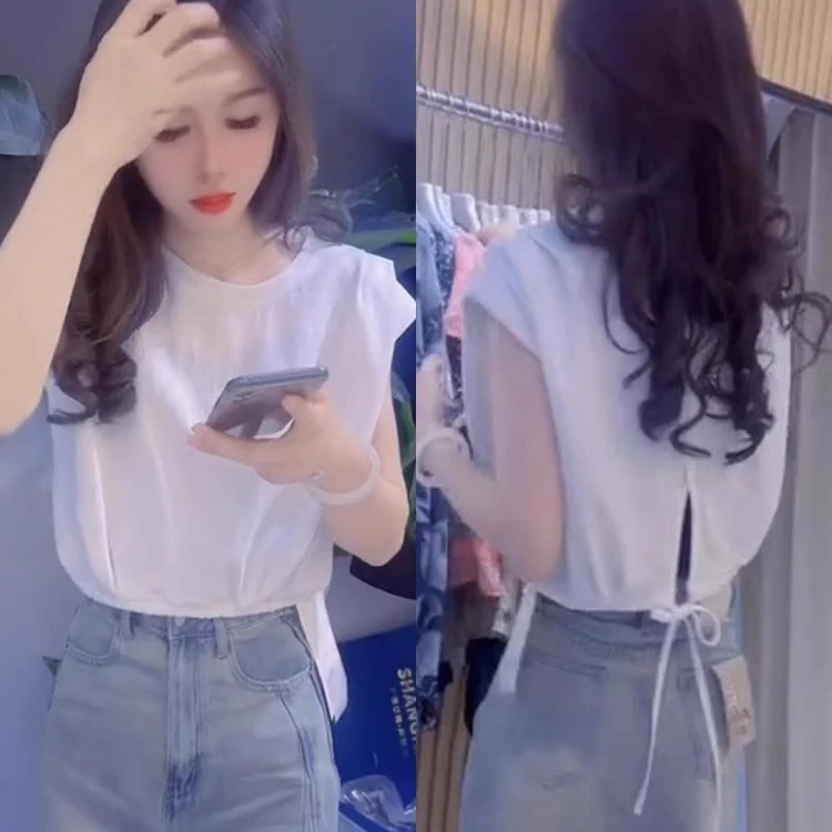 白色后背系带镂空短袖t恤女2025新款夏季设计感小众独特别致上衣