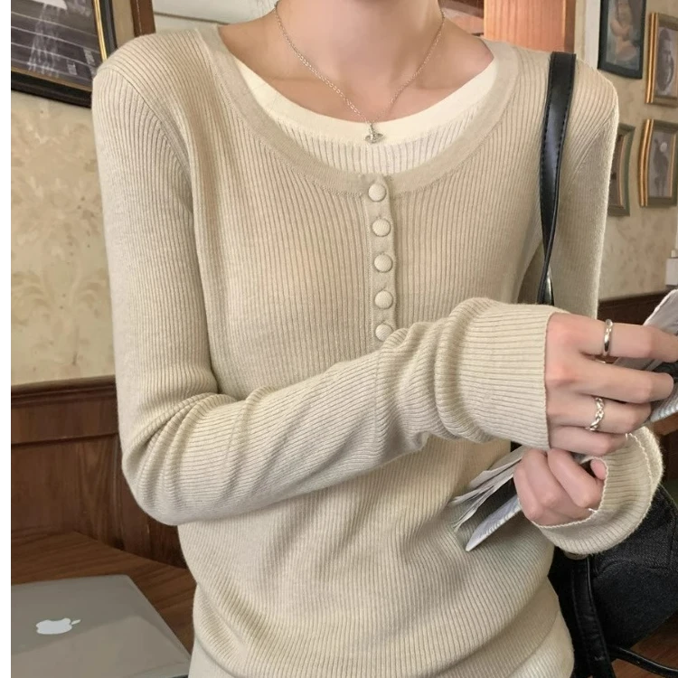 别致修身假两件打底衫女早秋2025新款高级感毛衣内搭长袖针织上衣