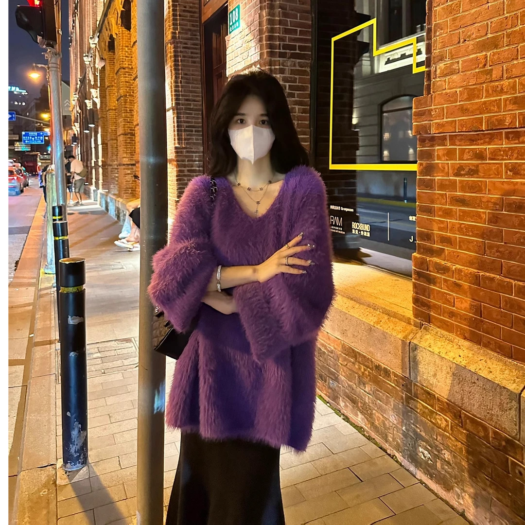 秋冬V领宽松慵懒风毛衣加厚马海毛外套女紫色法式洋气韩版上衣