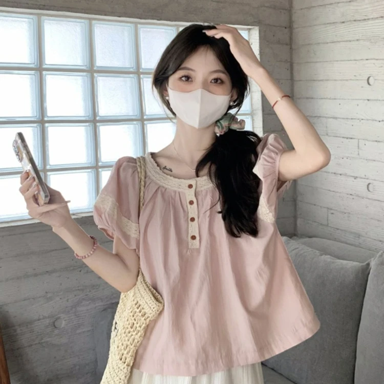 粉色蕾丝拼接圆领泡泡袖衬衫女小个子夏季法式甜美短款娃娃衫上衣
