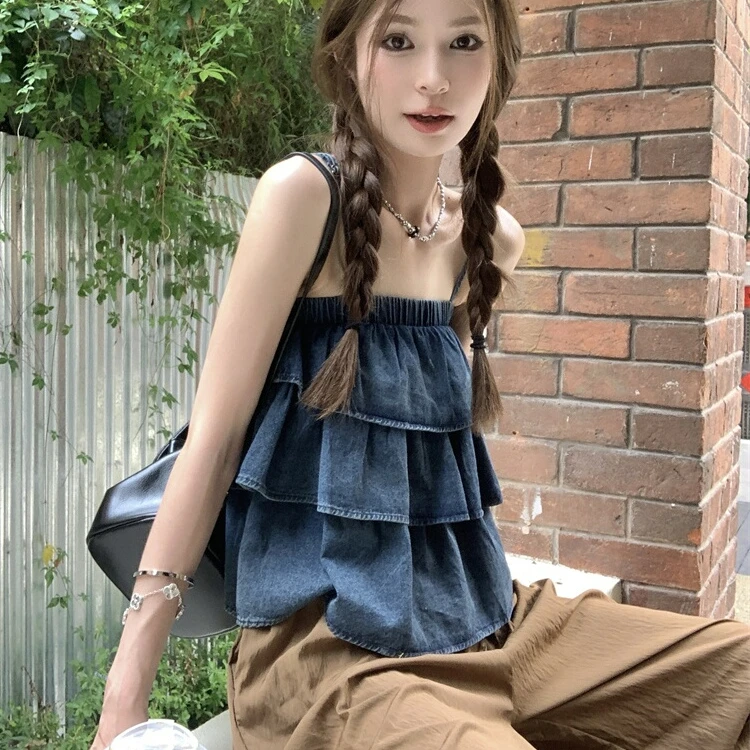 复古蓝色牛仔吊带背心女夏设计感小众外穿层层荷叶边无袖短款上衣