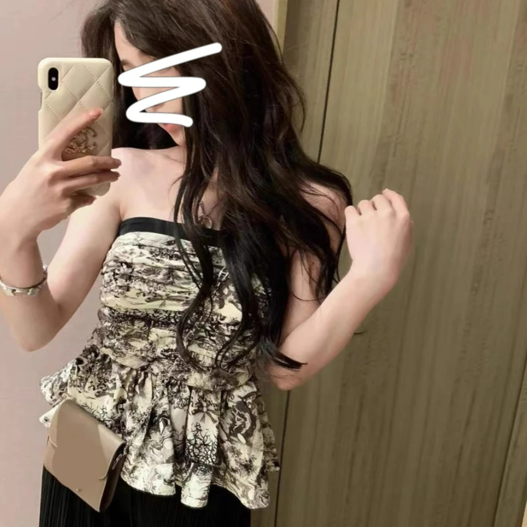 新中式复古水墨画抹胸背心女夏ins外穿纯欲法式绝美海边吊带上衣