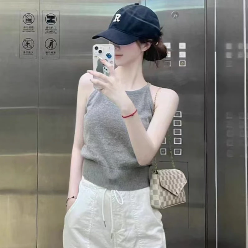 夏季高级感纯欲风挂脖针织吊带设计感小众外穿露肩上衣灰色背心女