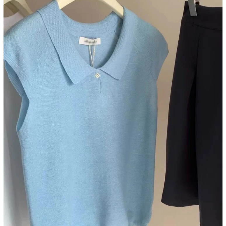 法式蓝色小飞袖短袖翻领冰丝t恤女夏季针织别致短款Polo领上衣薄