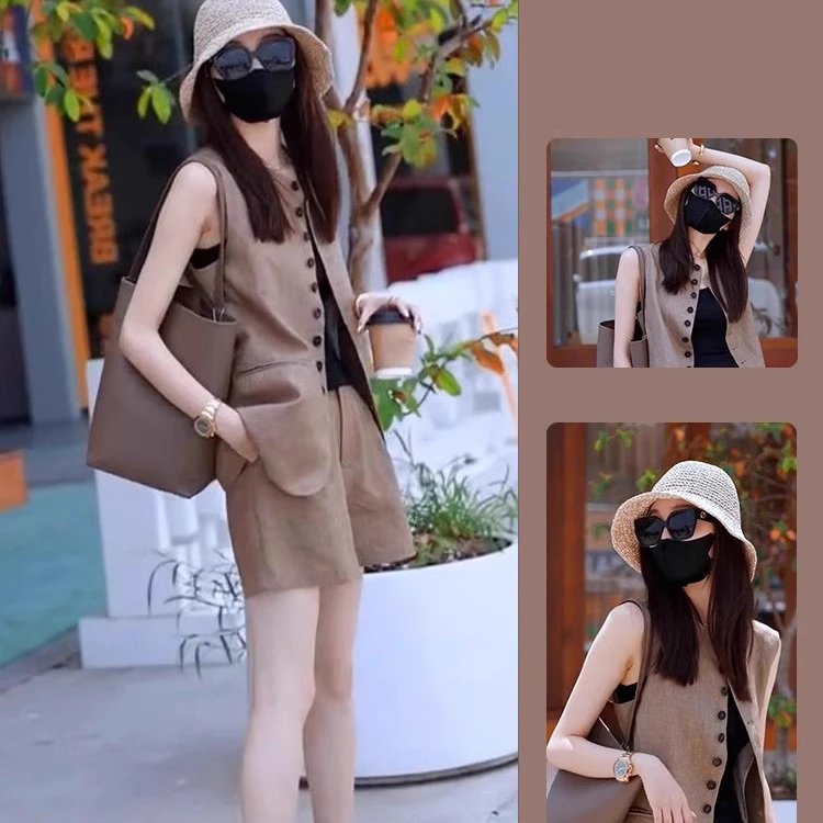 小香风成套搭配干练气质女装2025网红女神范咖色马甲短裤两件套夏