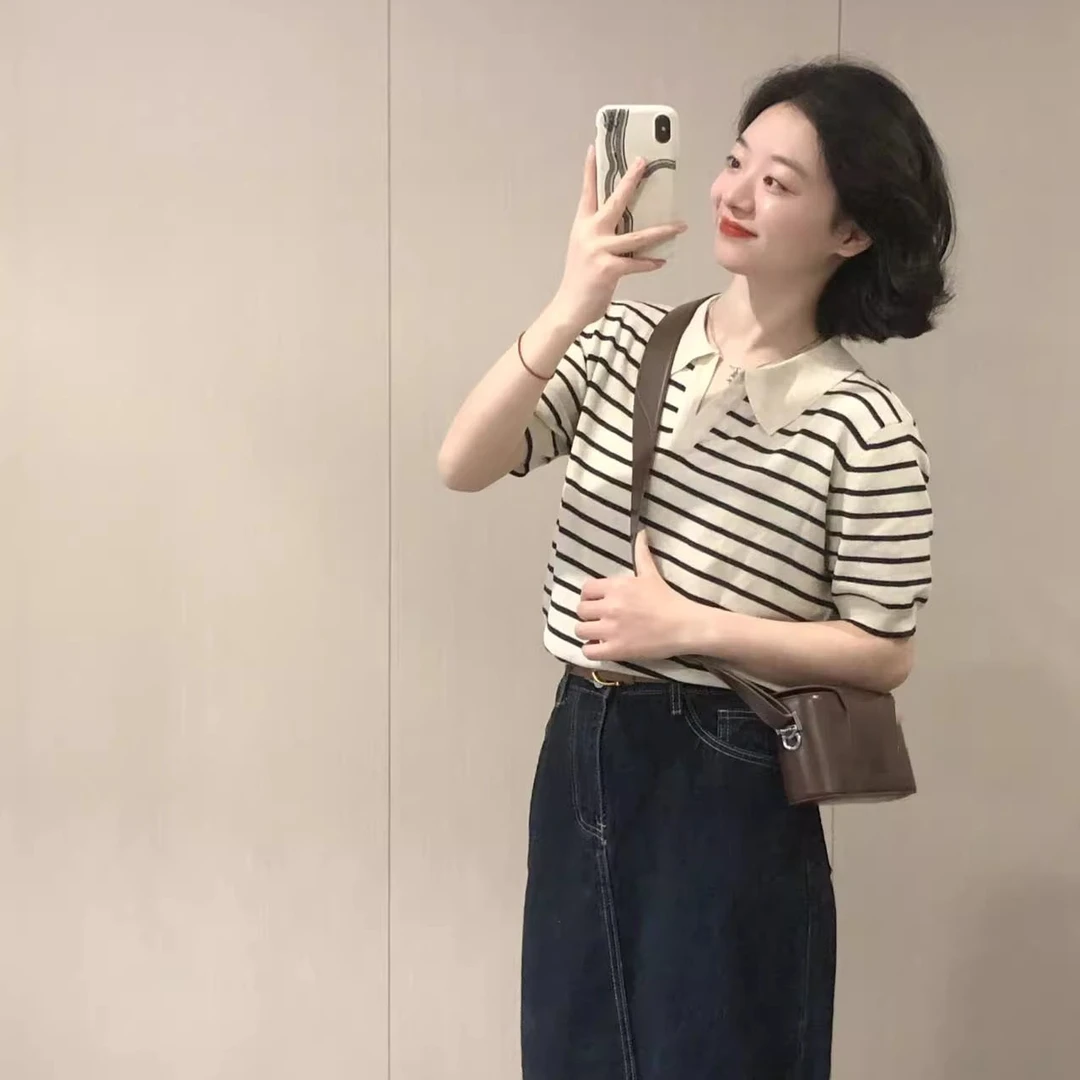 正肩v领短袖条纹t恤女夏季港味chic设计感小众polo衫宽松短款上衣