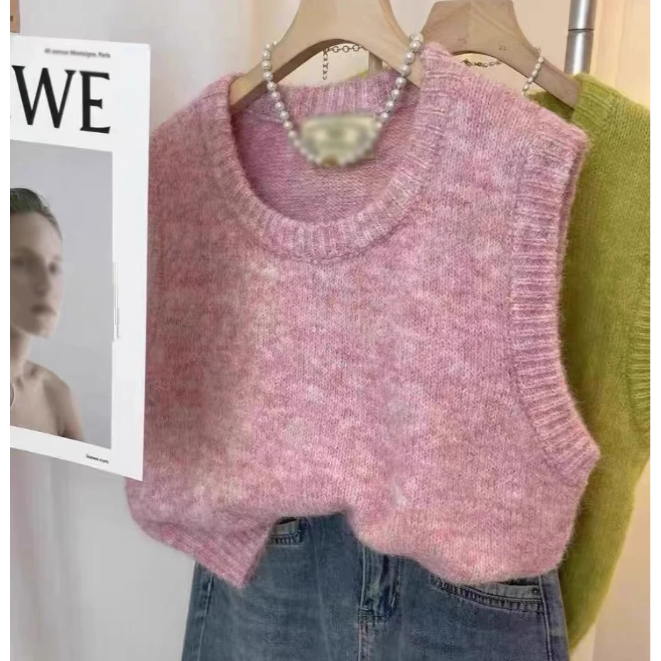 韩系叠穿软糯纯色针织马甲女春秋季宽松百搭无袖背心坎肩外搭上衣
