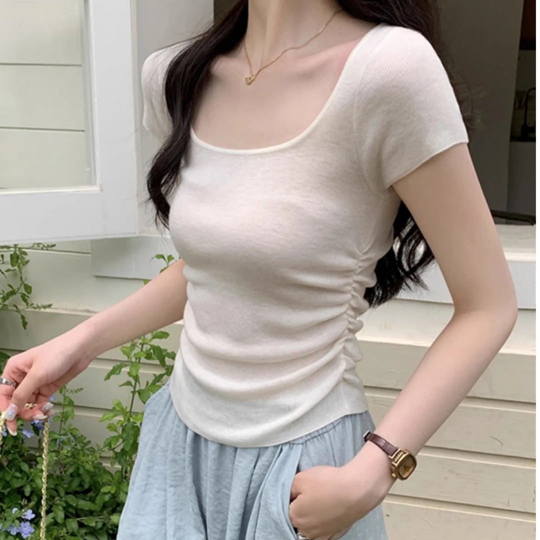 韩系方领收腰冰丝针织短袖T恤女夏季独特别致修身小飞袖正肩上衣
