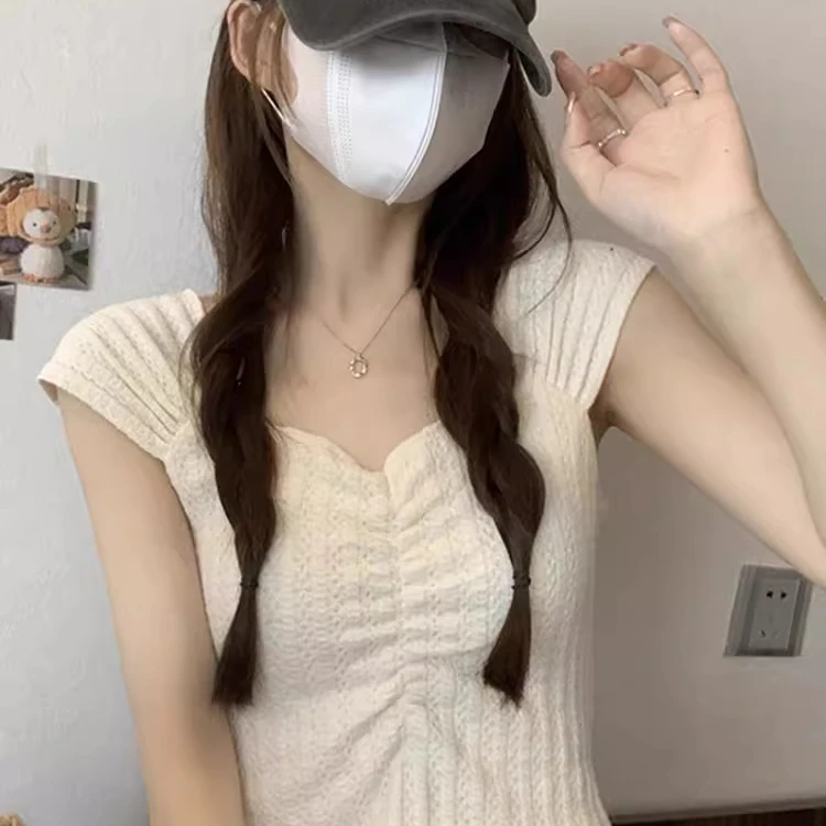 一字肩小飞袖短款上衣女夏卡腰白色2025新款短袖外穿背心无袖T恤