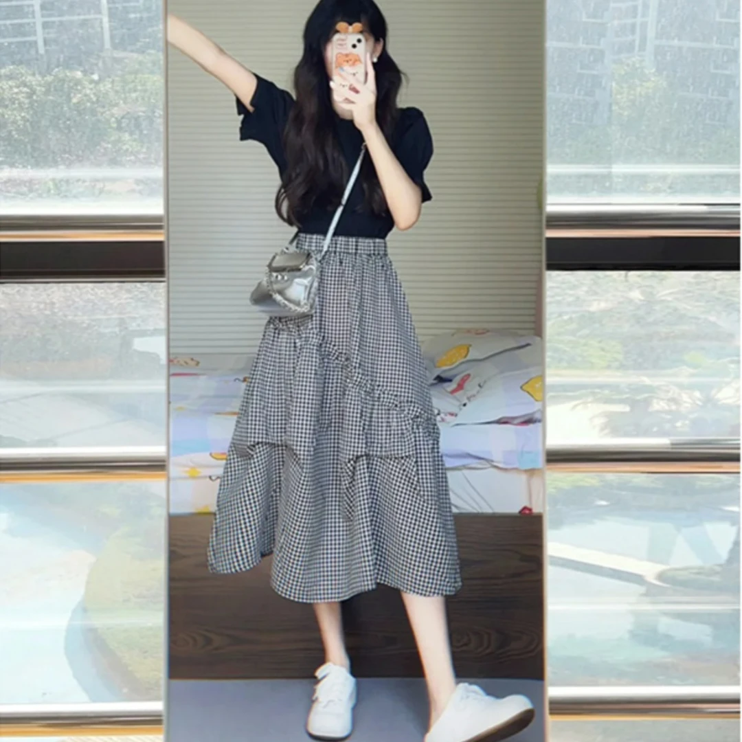 法式复古黑白格子半身裙女设计感小众不规则a字高腰半裙中长款夏
