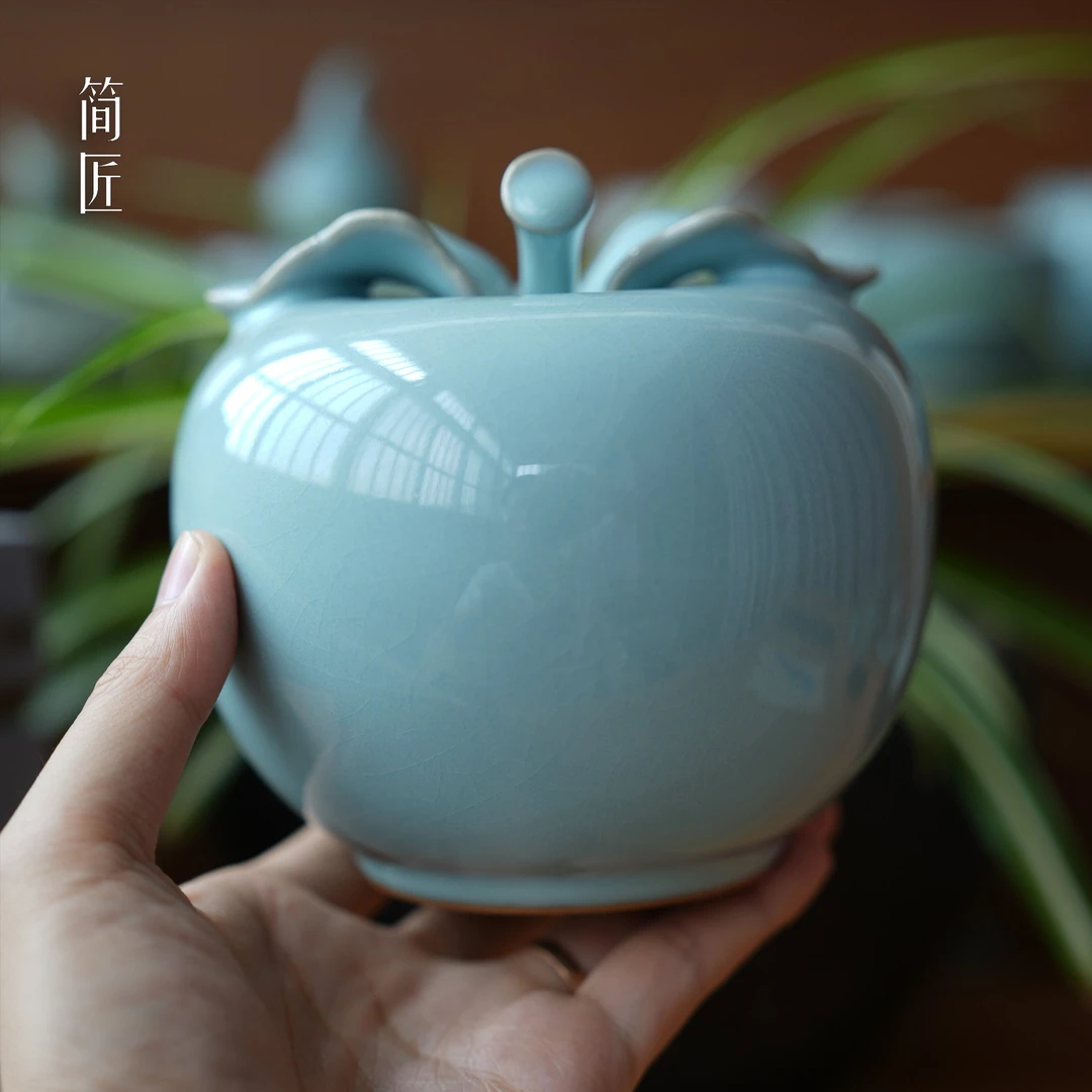 国非遗孟玉松汝瓷天青苹果摆件礼品花瓶