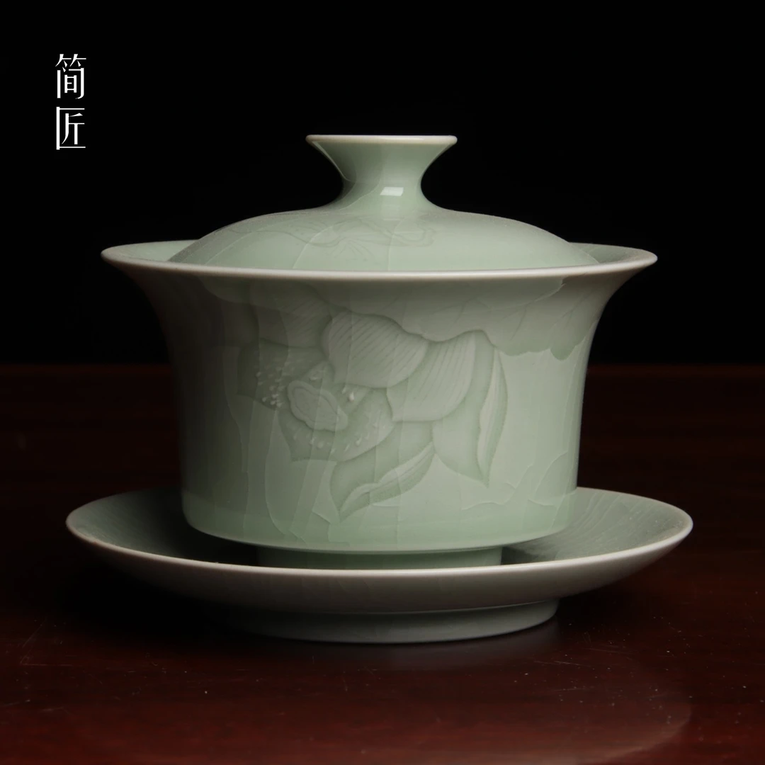 简匠 汝窑当代高端手刻莲花马蹄轻薄漂亮豆绿釉高端汝瓷盖碗150cc
