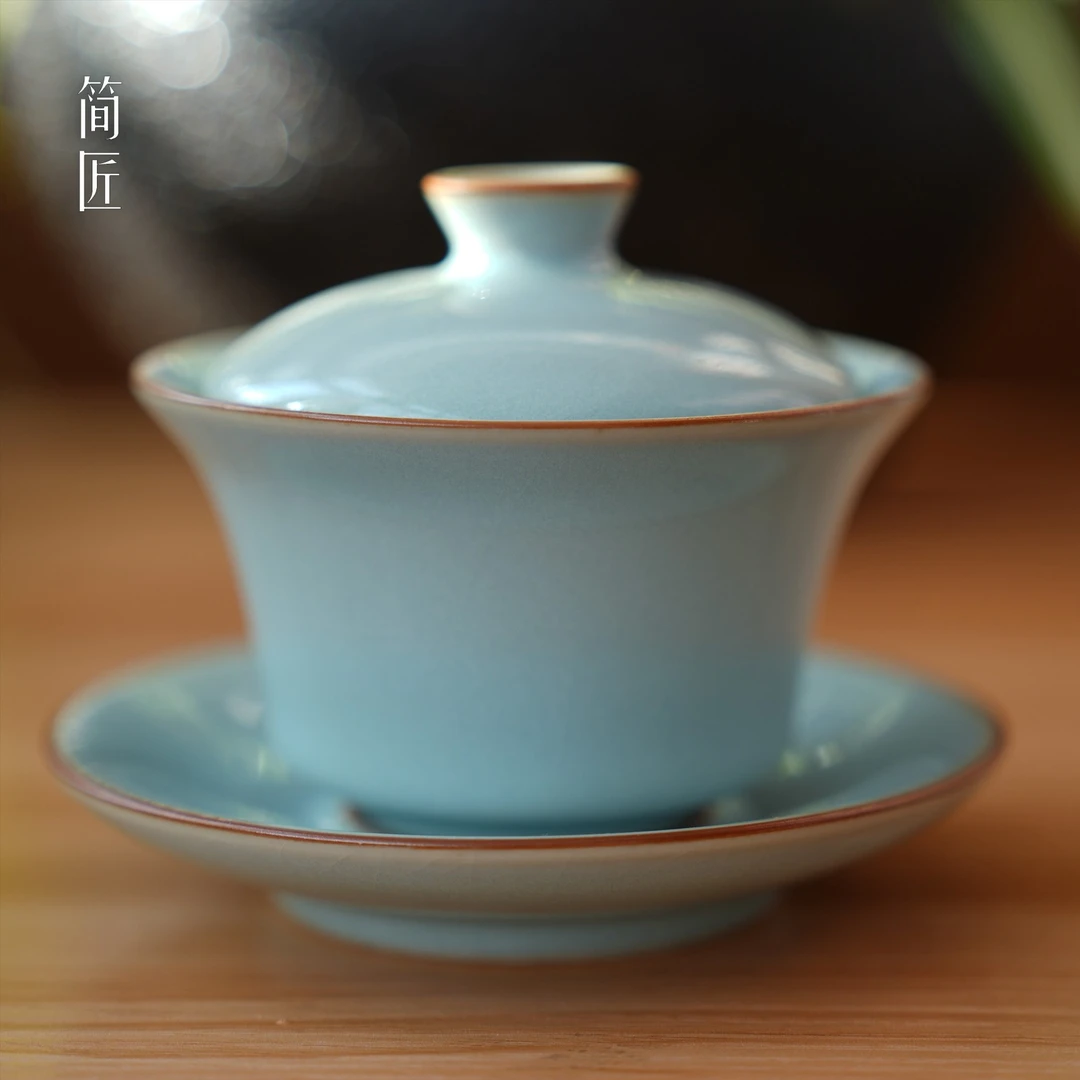 简匠 汝窑当代晓月天青敞口马蹄盖碗开片可养汝瓷盖碗150cc