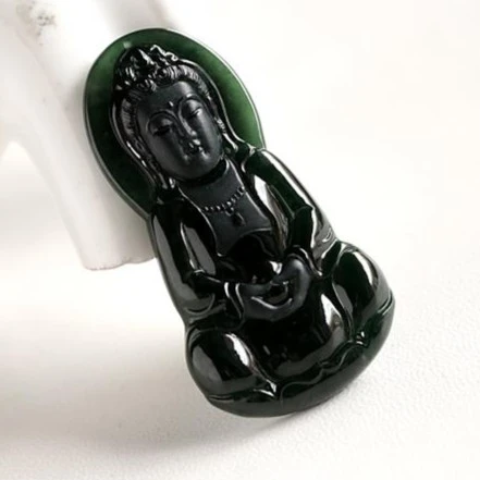 石之富珠宝缅甸天然玉石翡翠a货冰种黑亮墨翠观音玉吊坠挂件