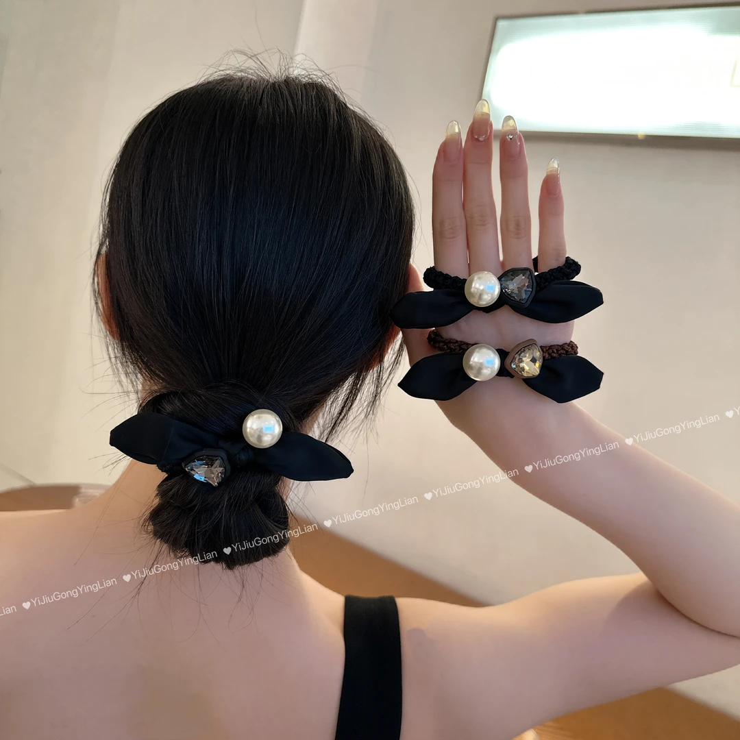 轻奢法式复古闪钻珠珠蝴蝶结编织头绳发圈2023新款
