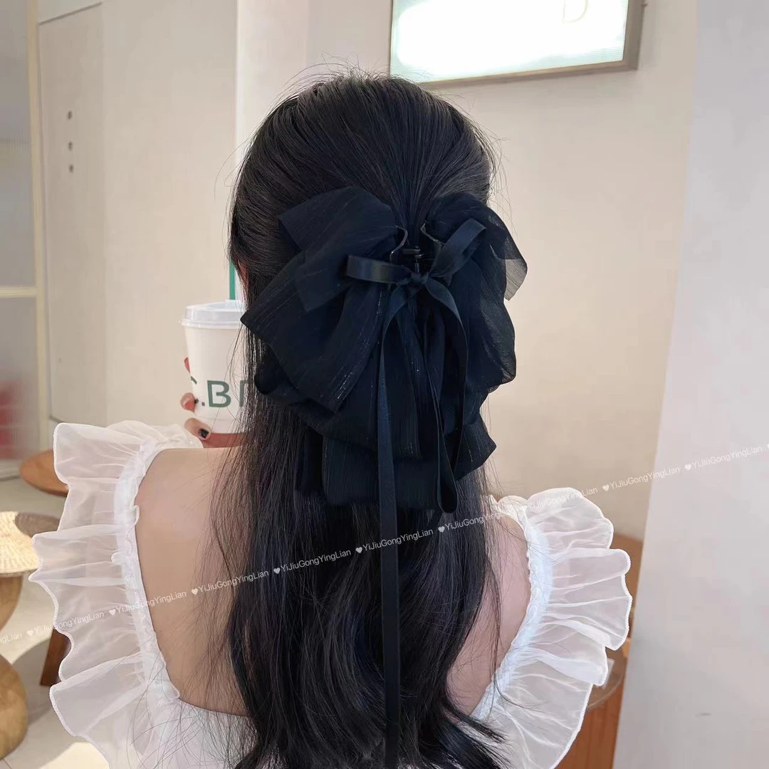 法式温柔气质超大号网纱蝴蝶结飘带女后脑勺抓夹