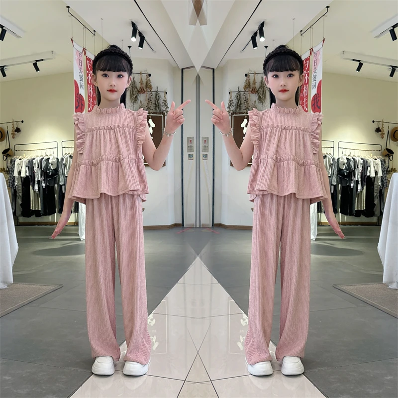 女童夏装韩系森系简约6-12岁飞袖套装新款韩版洋气薄款休闲阔腿裤