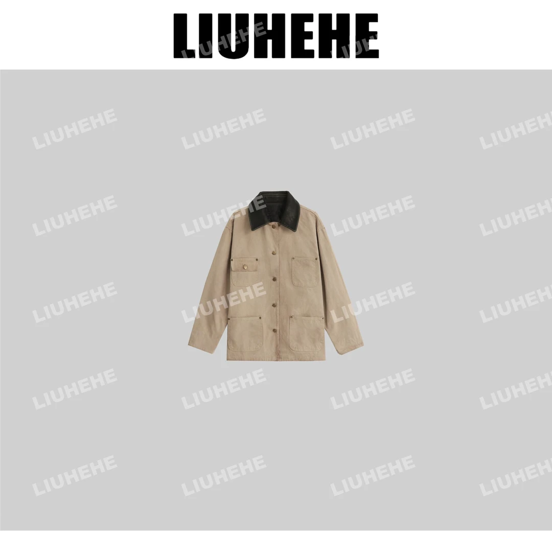 【呵呵家】牛皮三角标 翻领中长款简约牛仔外套复古宽松长袖海3114