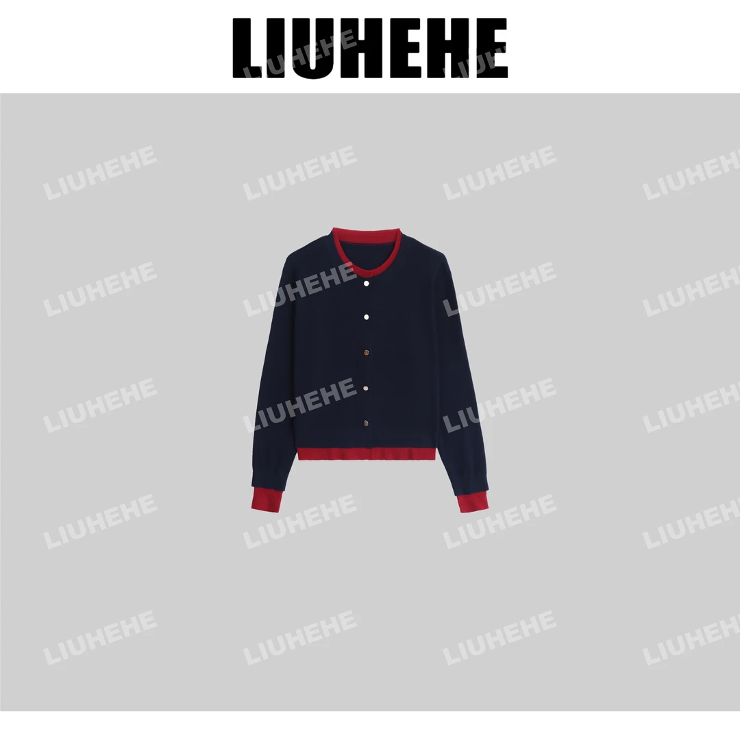 【呵呵家】洋气小拼色 24新款穿搭显瘦拼色假两件学院风针织衫1324