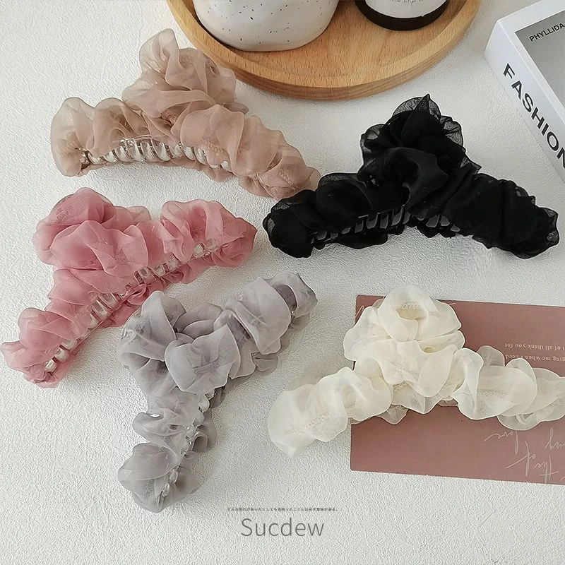 直播间福利褶皱网纱发夹花朵鲨鱼夹仙气淑女13厘米J