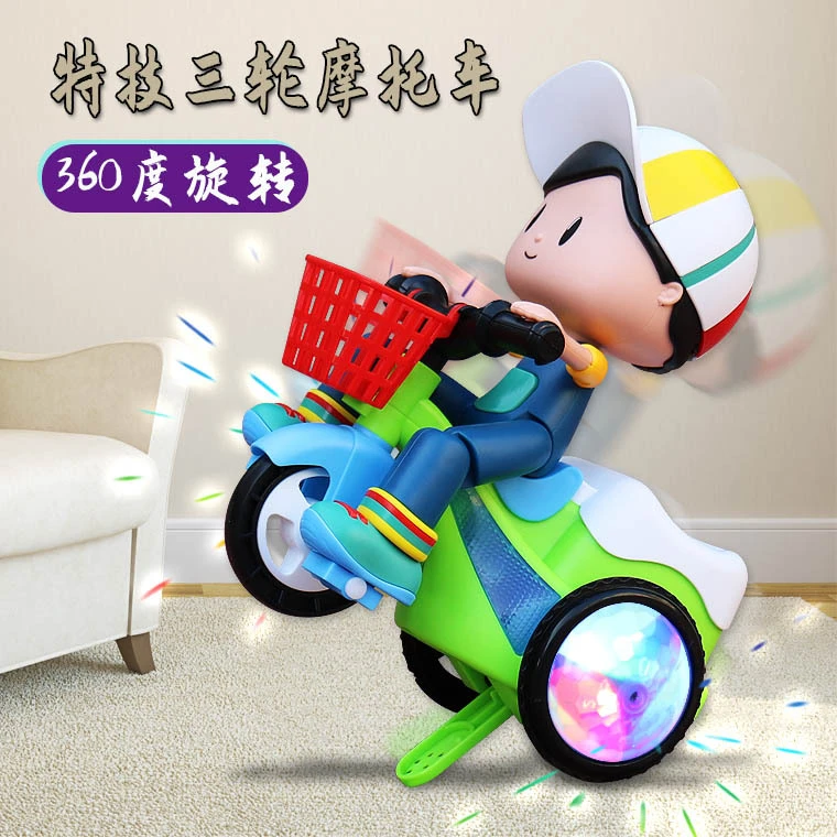 儿童大头特技骑三轮车礼物网红电动玩具卡通发光音乐旋转发光玩具