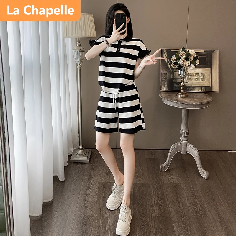 拉夏贝尔休闲时尚套装女夏季新款宽松显瘦洋气减龄条纹短袖短裤