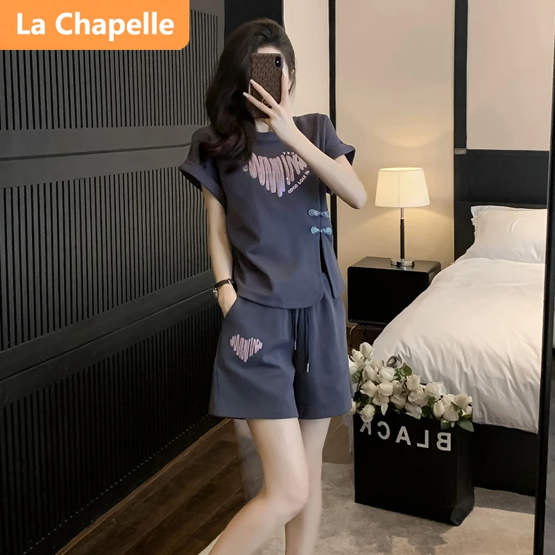 拉夏贝尔新中式时尚套装女夏2024新款休闲盘扣宽松显瘦短袖短裤套