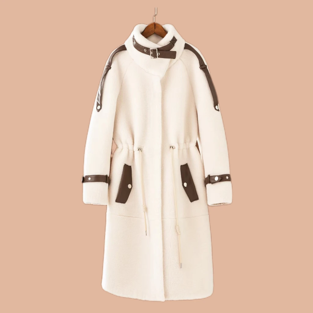 2601美利奴羊毛皮毛一体大衣中长款大码PU装饰加厚外套LM