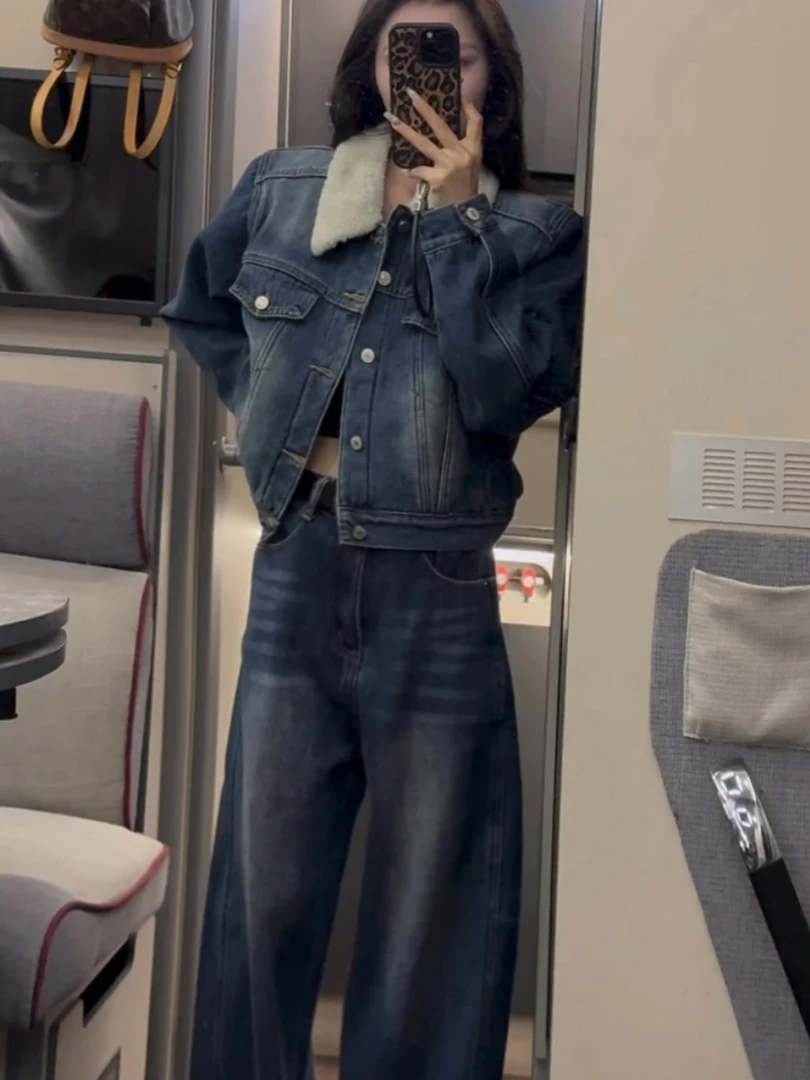 时尚洋气短款加绒加厚牛仔外套+阔腿长裤两件套装女2024秋冬新款