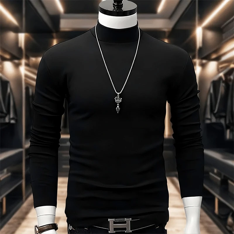 半高领打底衫长袖t恤男士秋冬季加厚保暖双面德绒修身纯色上衣ins