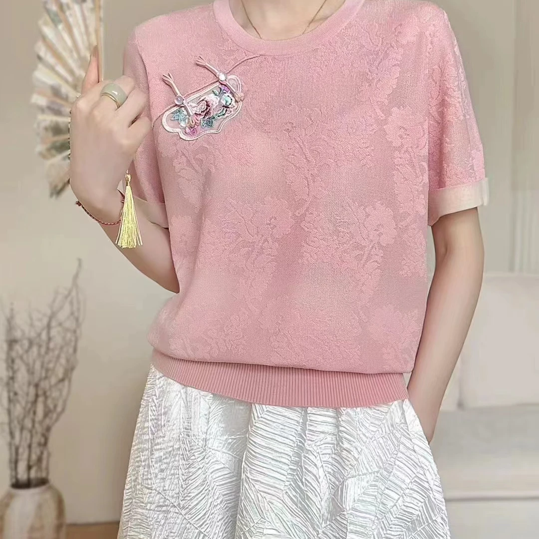 春夏新款时尚冰丝圆领针织短袖百搭套头衫