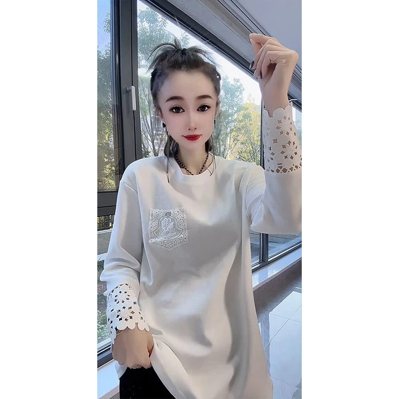 欧货秋季新款镂空拼接长袖中长款T恤女设计感洋气宽松百搭打底衫