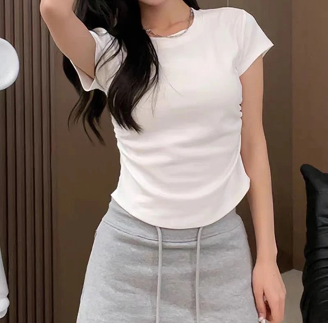 现货现发 夏季圆领设计感褶皱收腰百搭显瘦正肩短袖